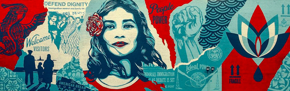 Defend dignity street art mural by Shepard Fairey creator of Obey Giant located in downtown los angeles California.