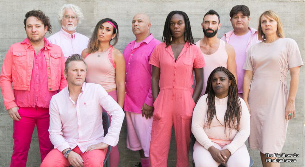 Diverse group of people wearing shades of pink from @thebigshowco dance company.