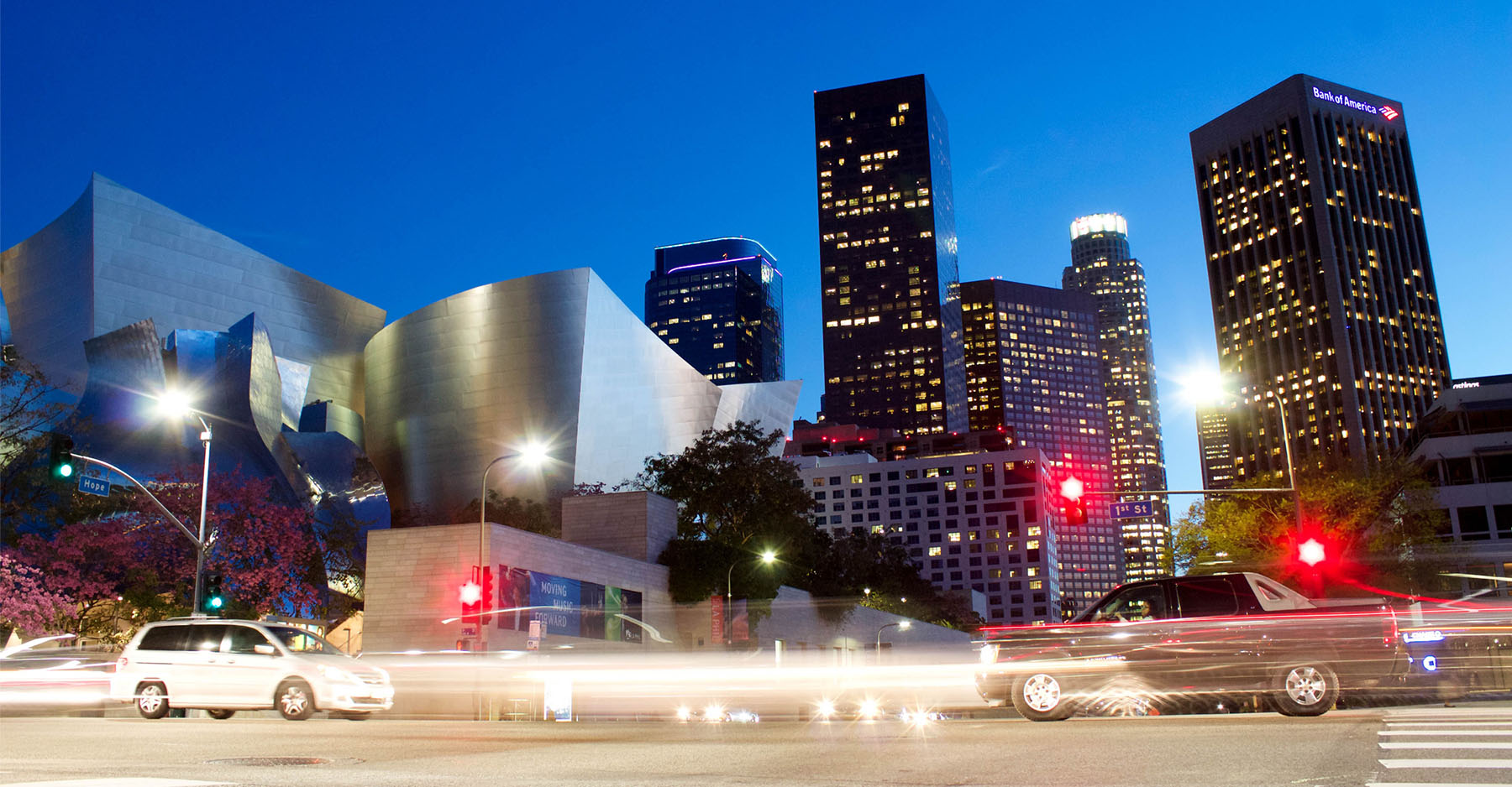 Night landscape of downtown los angeles disney music hall from corner of 1st street and hope.